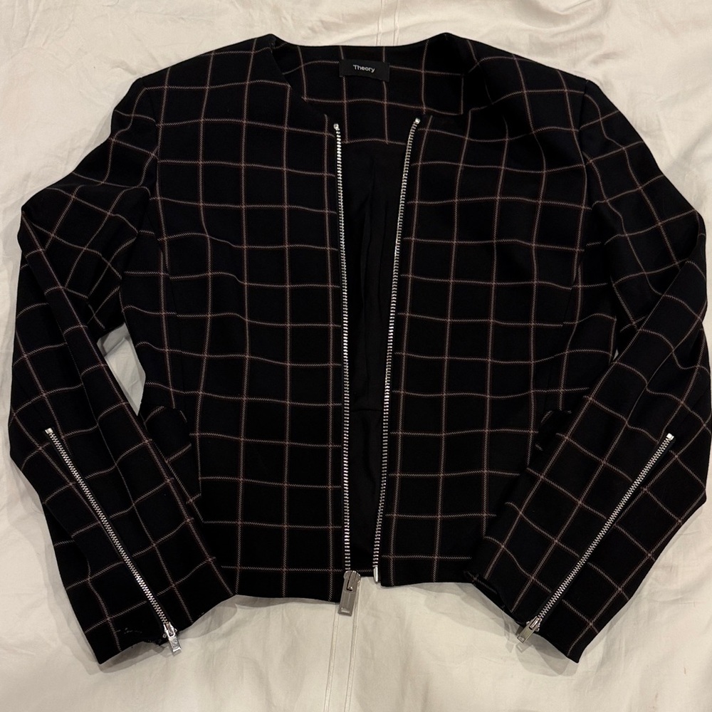 Theory Black Plaid Cropped Ponte Peplum Jacket